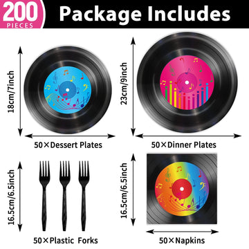 200 Pcs Vinyl Record Tableware Disposable For 1950'S Rock Music Party Supplies Back To 50S Rock Dinnerware Set Dessert Paper Plates Napkins Forks 50'S Theme Rock Party Retro Decorations Serve 50 Guest