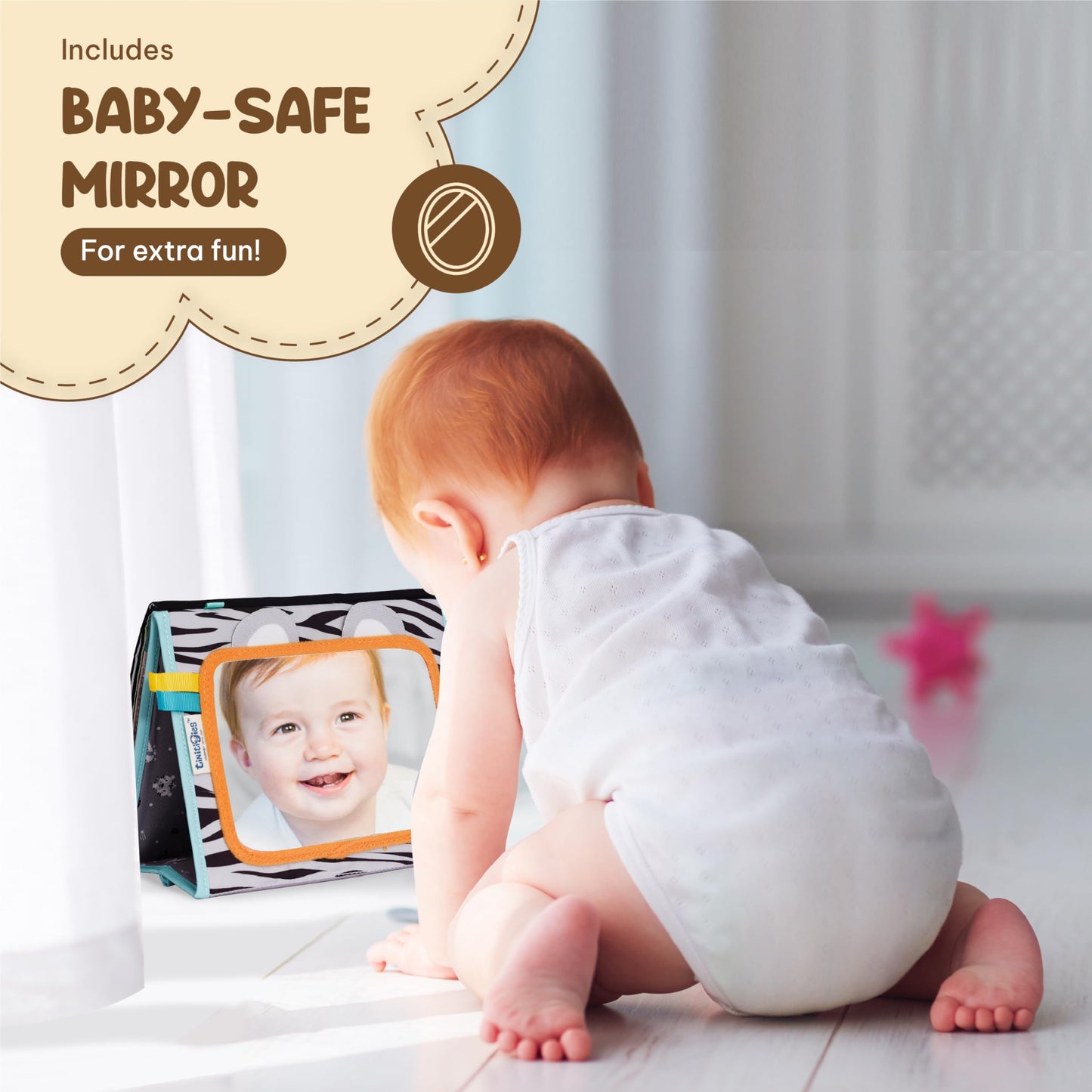 Tinitigies Tummy Time Mirror For Babies - High Contrast Book With Large Stimulating Baby Safe Mirror & Silicone Teether & Crinkl
