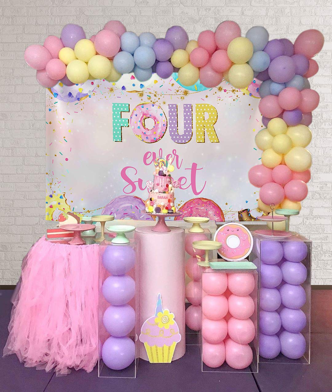 Mocsicka 4th Donut Birthday Backdrop Four Ever Sweet Donut Birthday Party Decoration Background Toddler Girl 4th Birthday Party