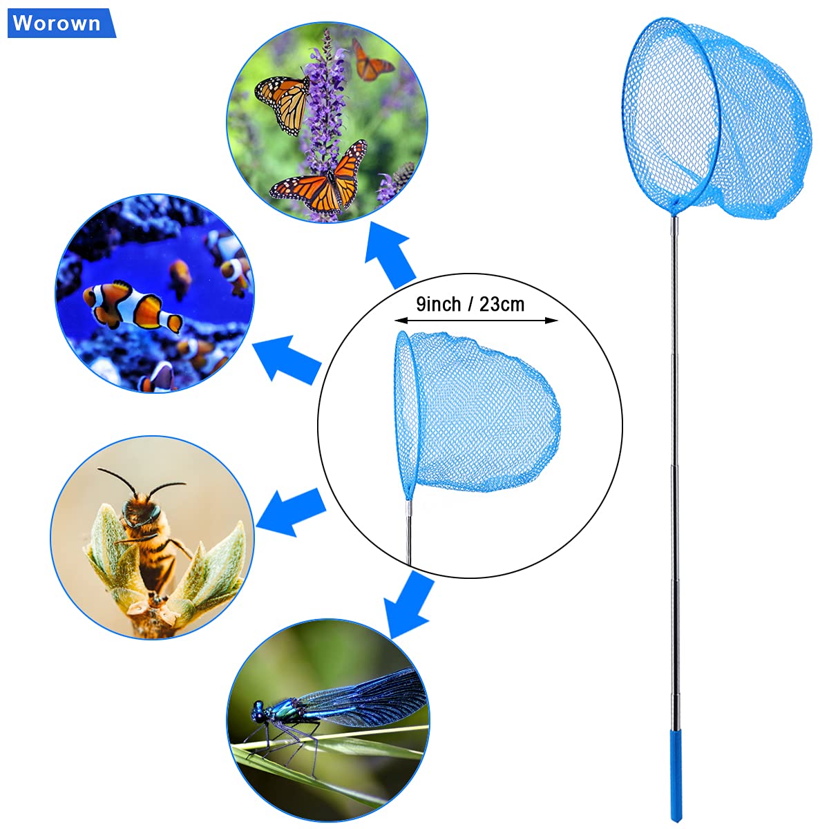 Worown 1 Pack Telescopic Butterfly Nets, Extendable Fishing Nets with 1 Folding Water Buckets for Catching Insects Bugs Playing