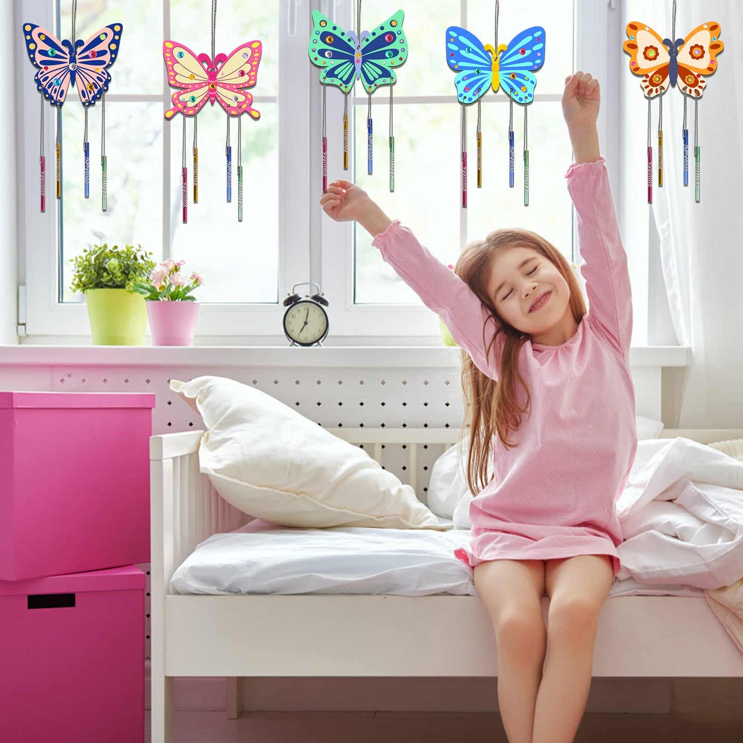 Fennoral Butterfly Wind Chime Kits for Kids - Wooden DIY Craft, 8 Pack, Spring & Easter Decoration