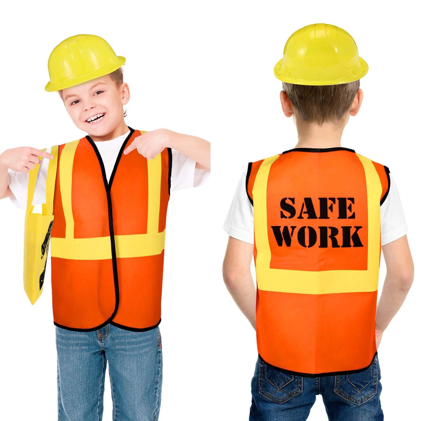 Gejoy 48 Pcs Kids Construction Birthday Party Supplies Worker Costume Role Play Construction Hats And Vests For Kids Tote Bag And Traffic Cones For Dress Up Supplies