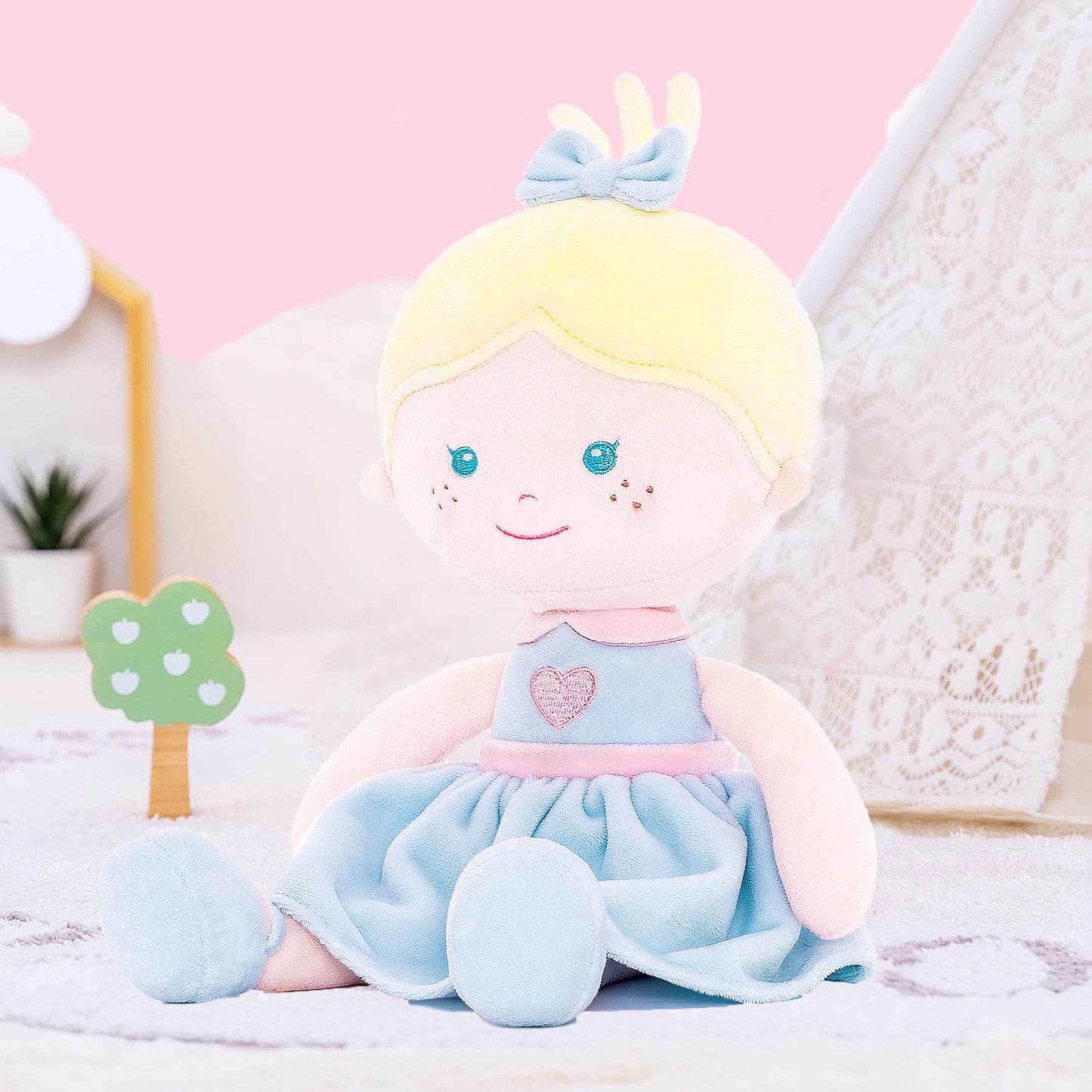 Onetoo Soft Baby Doll For Girls Plush Rag Doll Sleeping Cuddle Buddy Doll First Baby Doll Wear Blue Love Dress 14'
