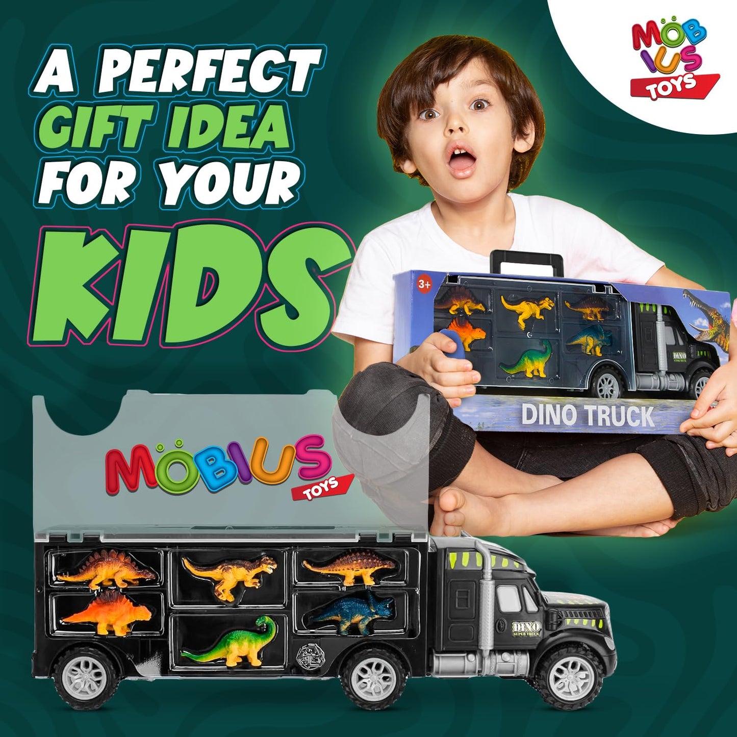 Dinosaur Truck Carrier - Dinosaur Toys for Kids 3-5, Dinosaur Truck with 12 Dinosaur Action Figure Toys for Boys - Toy Dinosaurs