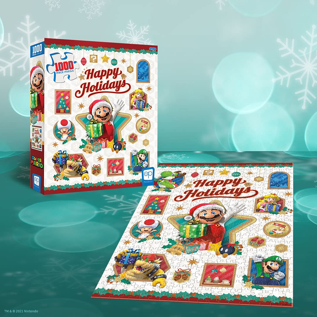 Super Mario Happy Holidays 1000 Piece Jigsaw Puzzle | Collectible Holiday Puzzle Featuring Mario, Princess Peach, Bowser, Yoshi,