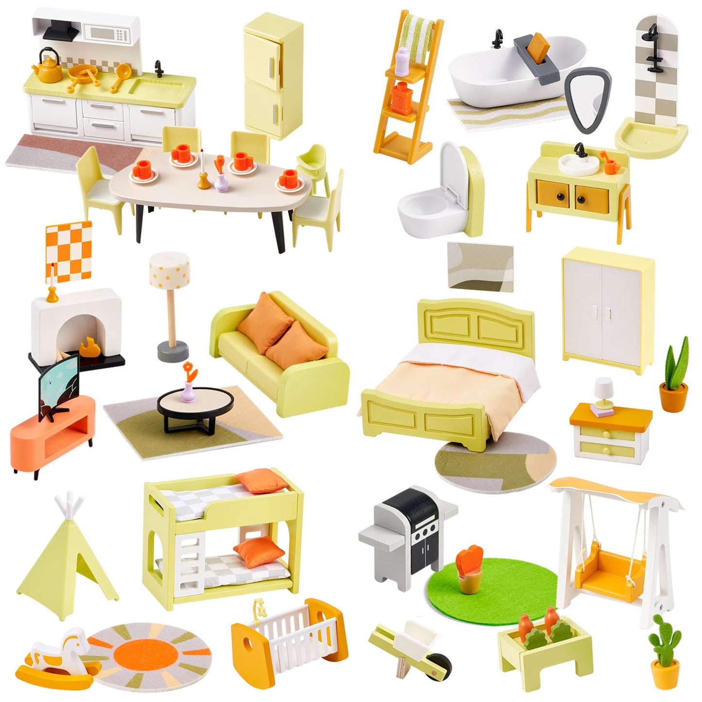 Giant Bean 85Pcs Wooden Plastic Dollhouse Furniture Set For 6 Rooms, Modern Dollhouse Accessories Pretend Play Furniture Toys Gi