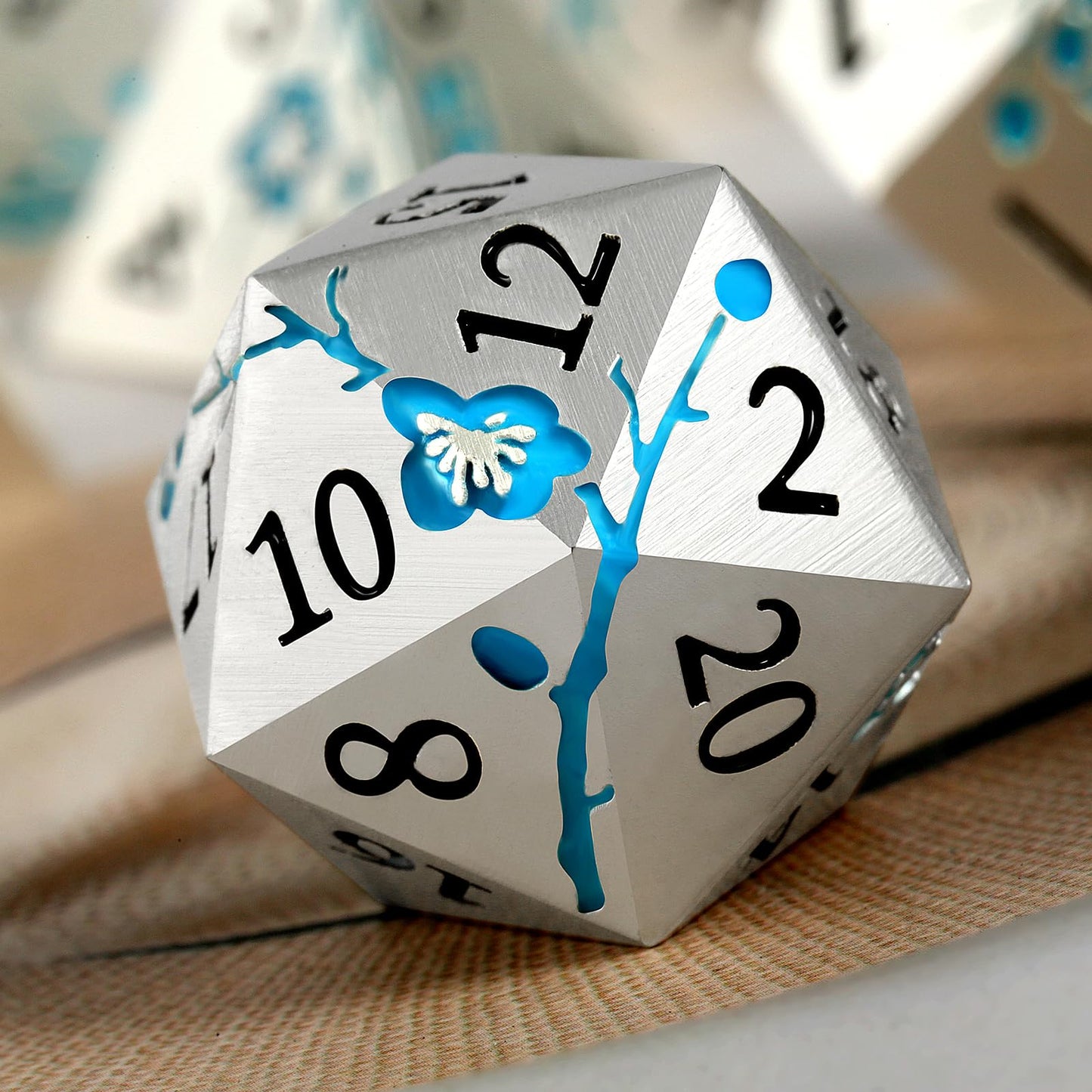 Glow in The Dark Flower Metal Dice, DNDND 7 PCS Blue Metallic D&D Dice Set with Grogeous Gift Case for Dungeons and Dragon Table