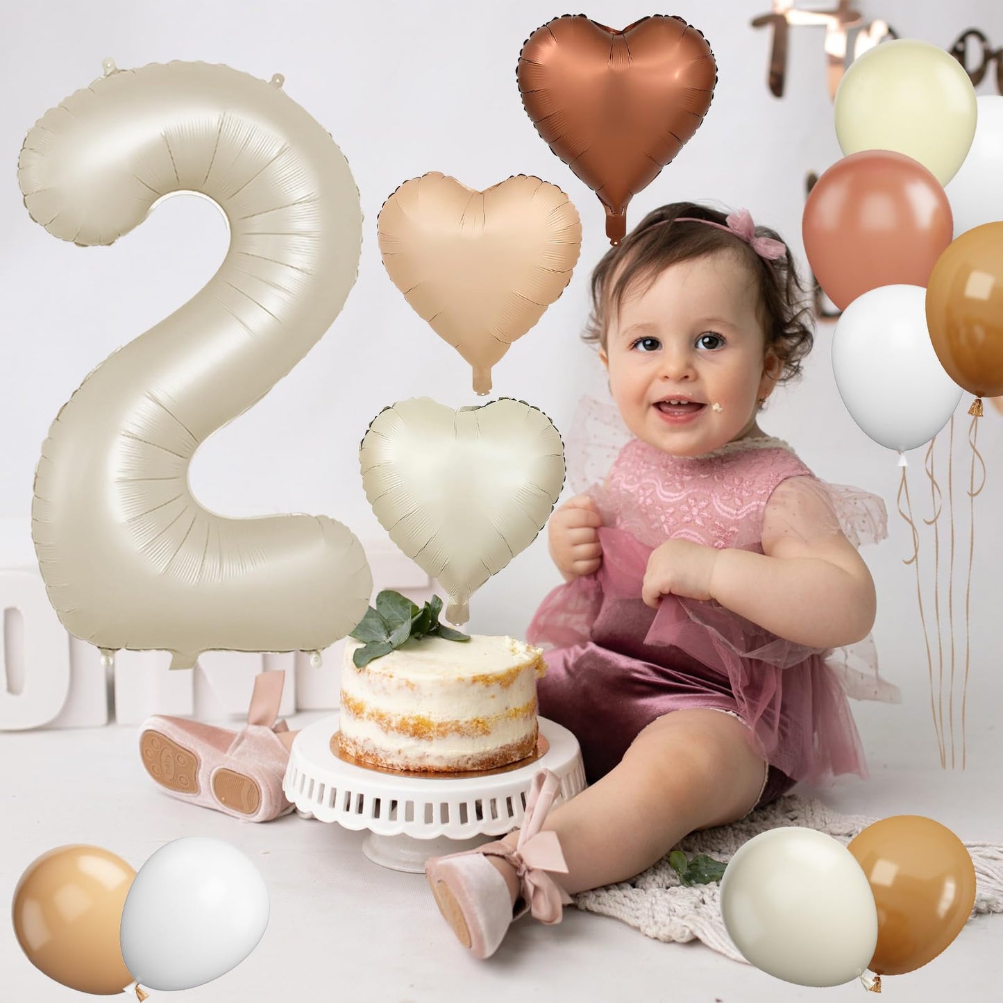 Biapian 40 Inch Cream Number 2 Balloons, Cream White Large 2Nd Birthday Balloons With 18'' Foil Cream Heart Balloon Helium For 2