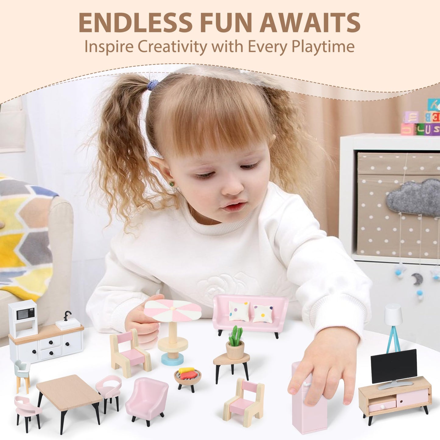 Pithfor Wooden Dollhouse Furniture Set, Dollhouse Accessories And Furniture, With 7 Rooms 3 Dolls, Includes Patio Set & Dog Set,