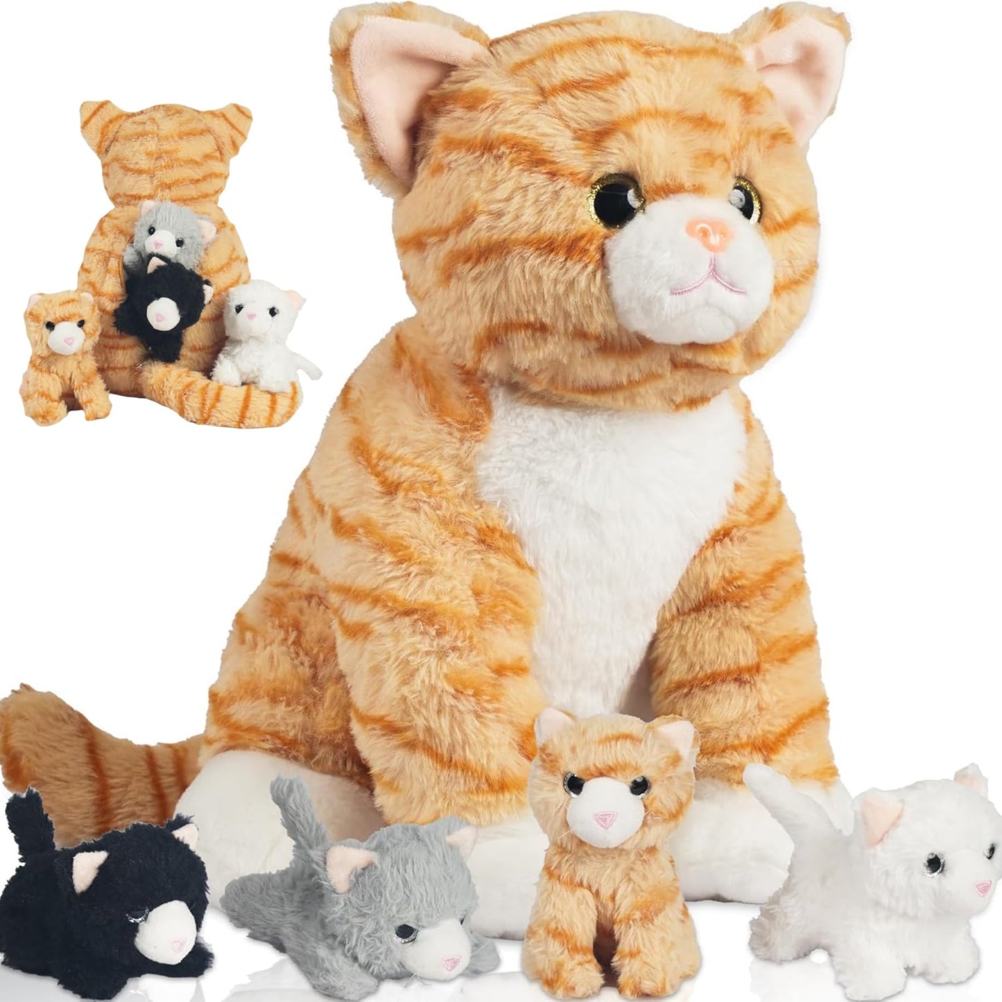 5 Pcs Cat Stuffed Animal With Babies Inside Stuffed Cat Plush Toys Mommy With 4 Plush Kittens Babies In Zippered Belly Cute Stuf