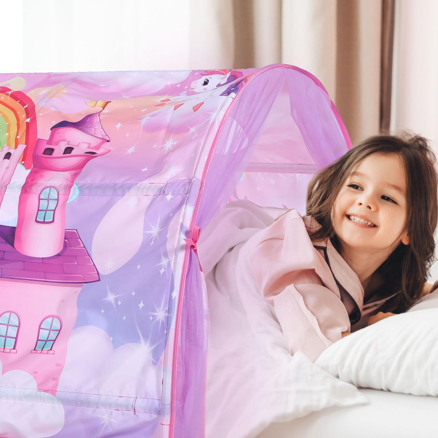 Wowangce Unicorn Bed Tent For Kids Large Kids Twin Tent Toddler Play Tent With Carry Bag Foldable Tent For Kids With String Ligh