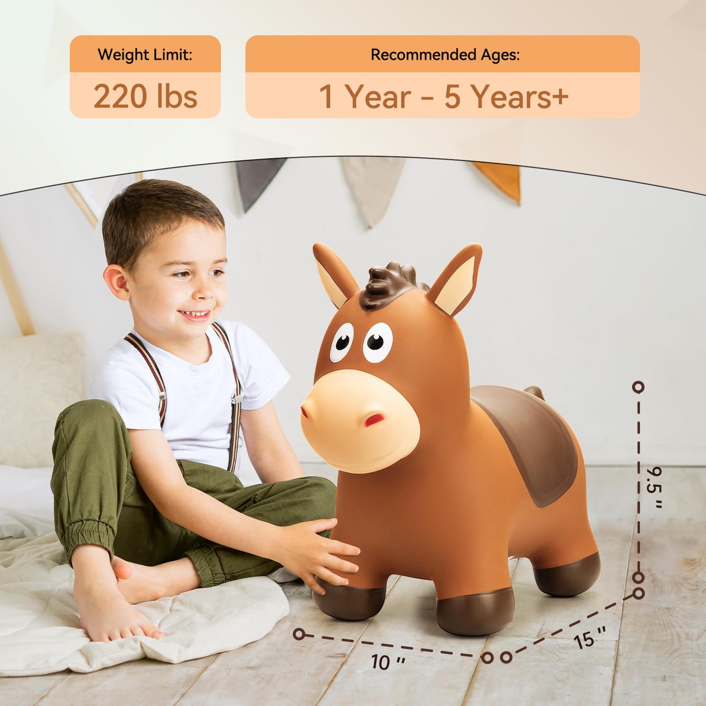 VangeBow Inflatable Bouncy Horse for Toddlers 1-3, Soft PVC Ride-on Toy, Indoor/Outdoor Fun, Kids Birthday Gift, Horse Color