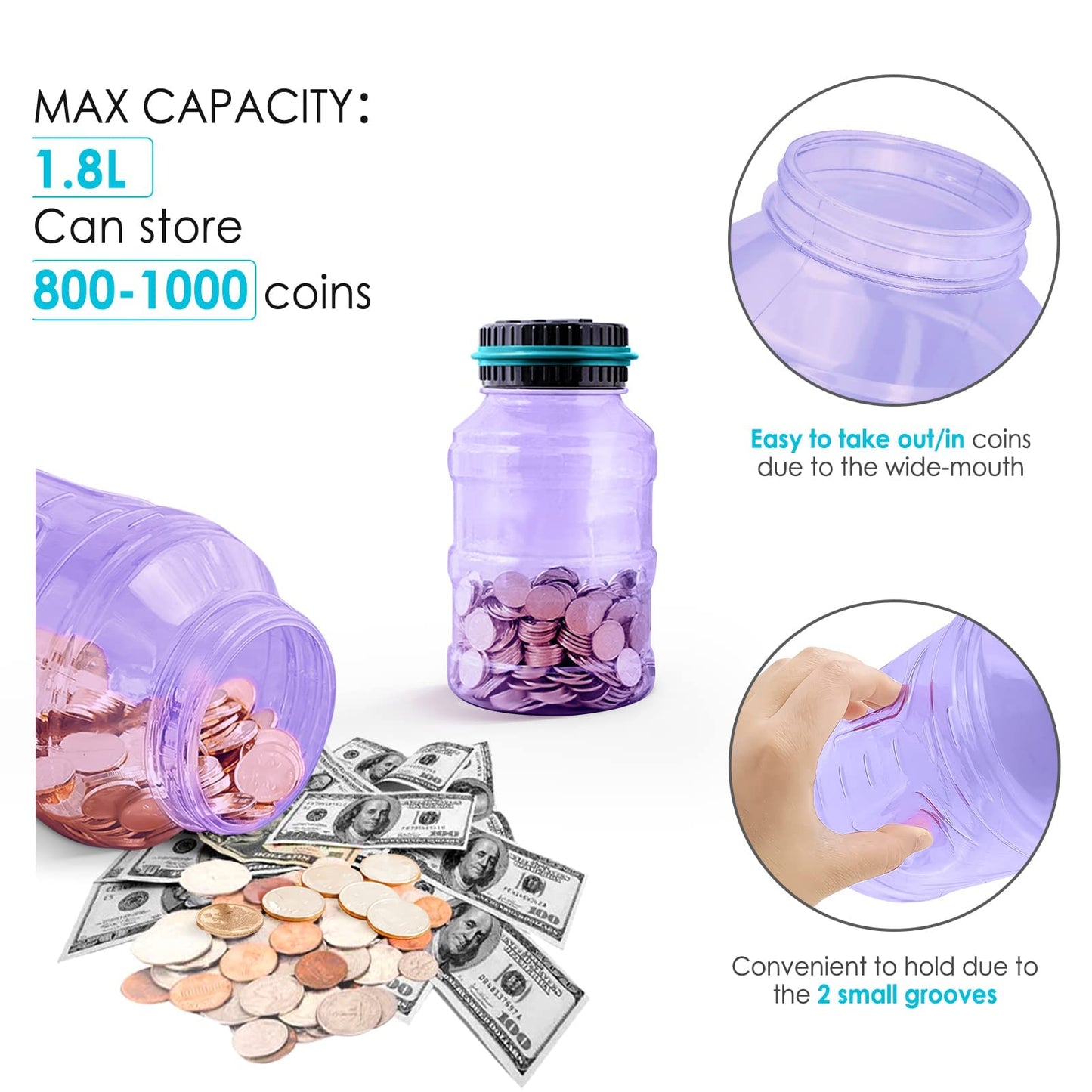 Large Piggy Bank For Adults Kids, Vcertcpl Digital Coin Counting Bank With 1.8L Capacity, Great Coin Bank Money Jar For Adults Kids With Saving Goals, Bank For All Us Coins (Purple B)