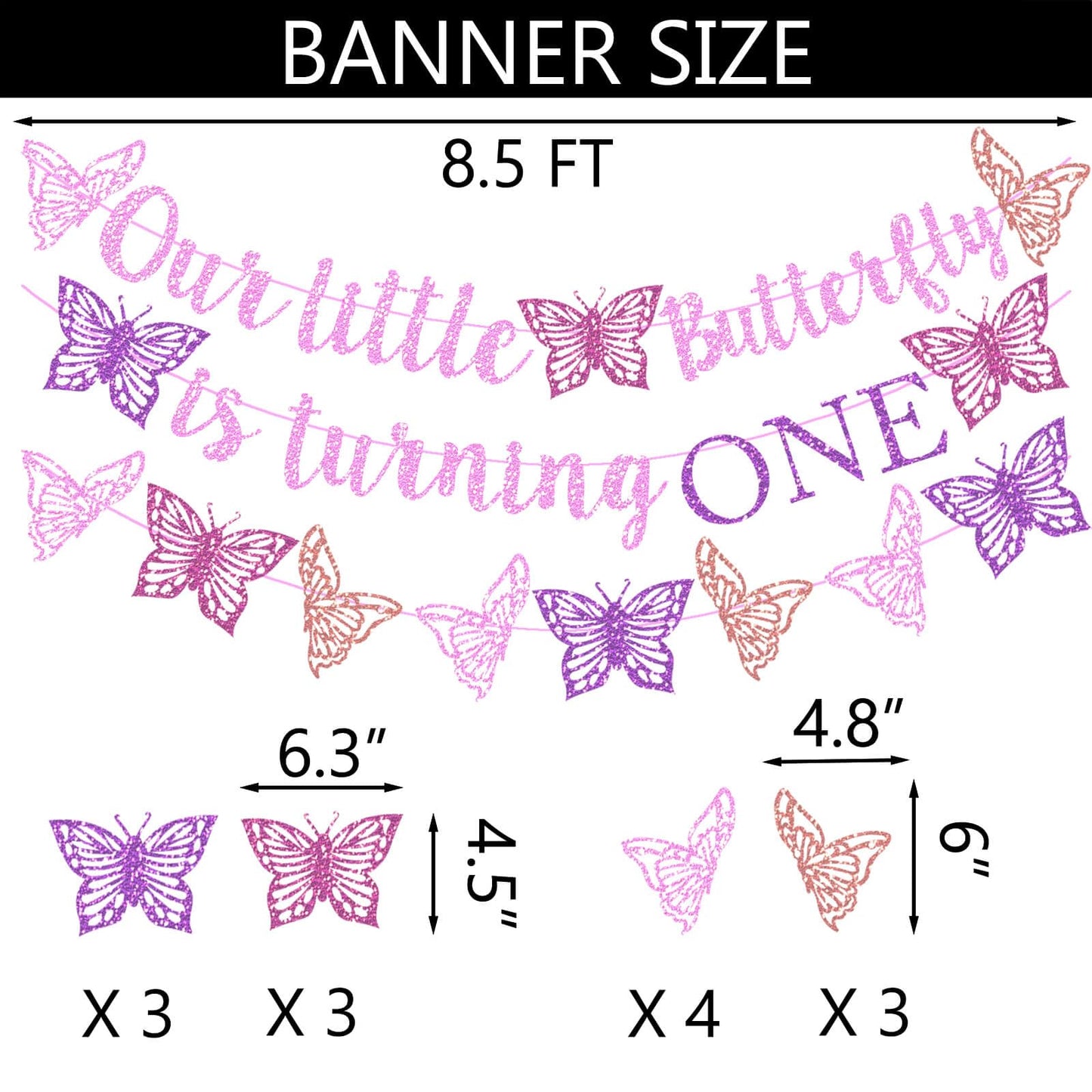 Our Little Butterfly is Turning One Banner Pink Glitter Butterfly 1st Birthday Banner for Spring Butterfly Girls One Year Old Bi