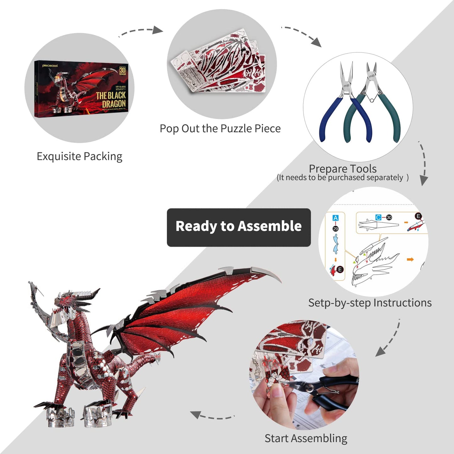 Piececool Black Dragon King 3D Metal Model Building Kits With Diy Tools Set, Challenging 3D Metal Puzzles For Family Time, Great Christmas Birthday New Year Gifts