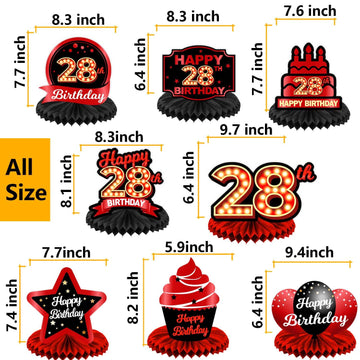Happy 28Th Birthday Red And Black Table Honeycomb Centerpieces Balloons Theme Decor Table Decorations Table Toppers For Girls Women Princess 28 Years Old Birthday Party Bday Supplies Background Gold