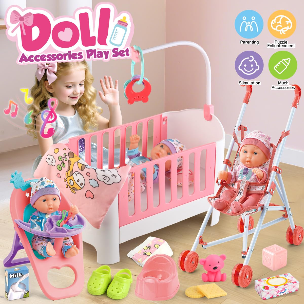 Baby Doll Crib And Stroller Accessories Play Set With 11 Baby Doll,Dining Chair,24 Pcs Dolls Accessories And 2 Sets Clothes,Real