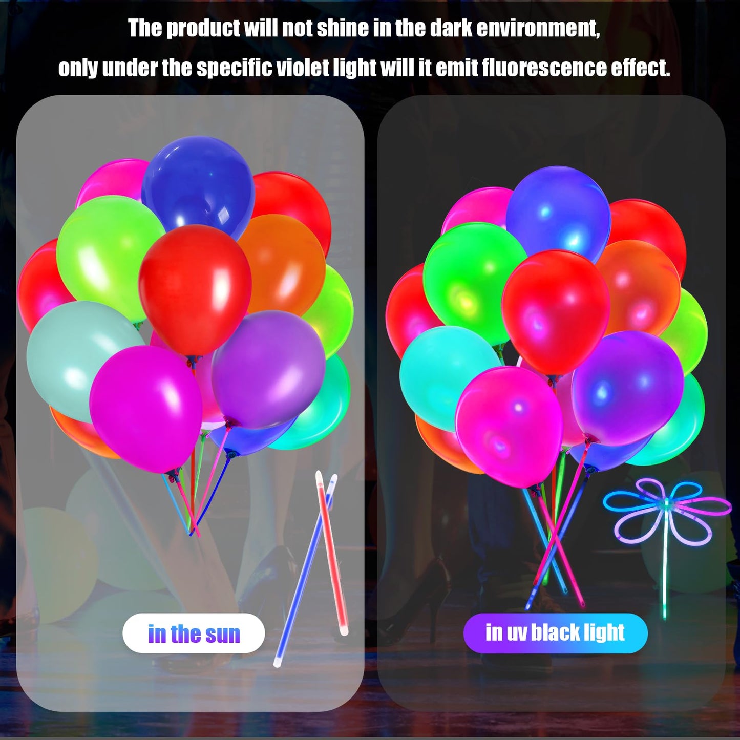 50 Pcs Uv Neon Balloons & 50 Pcs Glow Sticks & 50 Pcs Balloon Stick Holders For Glow In The Dark Birthday Decoration Wedding Glo