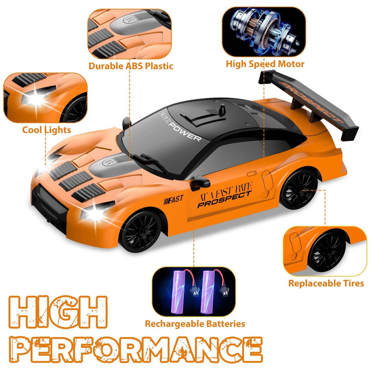 YUAN PLAN Remote Control Car, Drift RC Car 1/24 2.4GHz 4WD High Speed Orange RC Vehicle Cars Toys with LED Light and Drift Tires