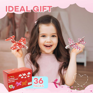 4Es Novelty 36 Pack Valentines Day Foam Airplanes Gliders with Valentines Cards for Kids Boys Girls, Individually Wrapped, Clas