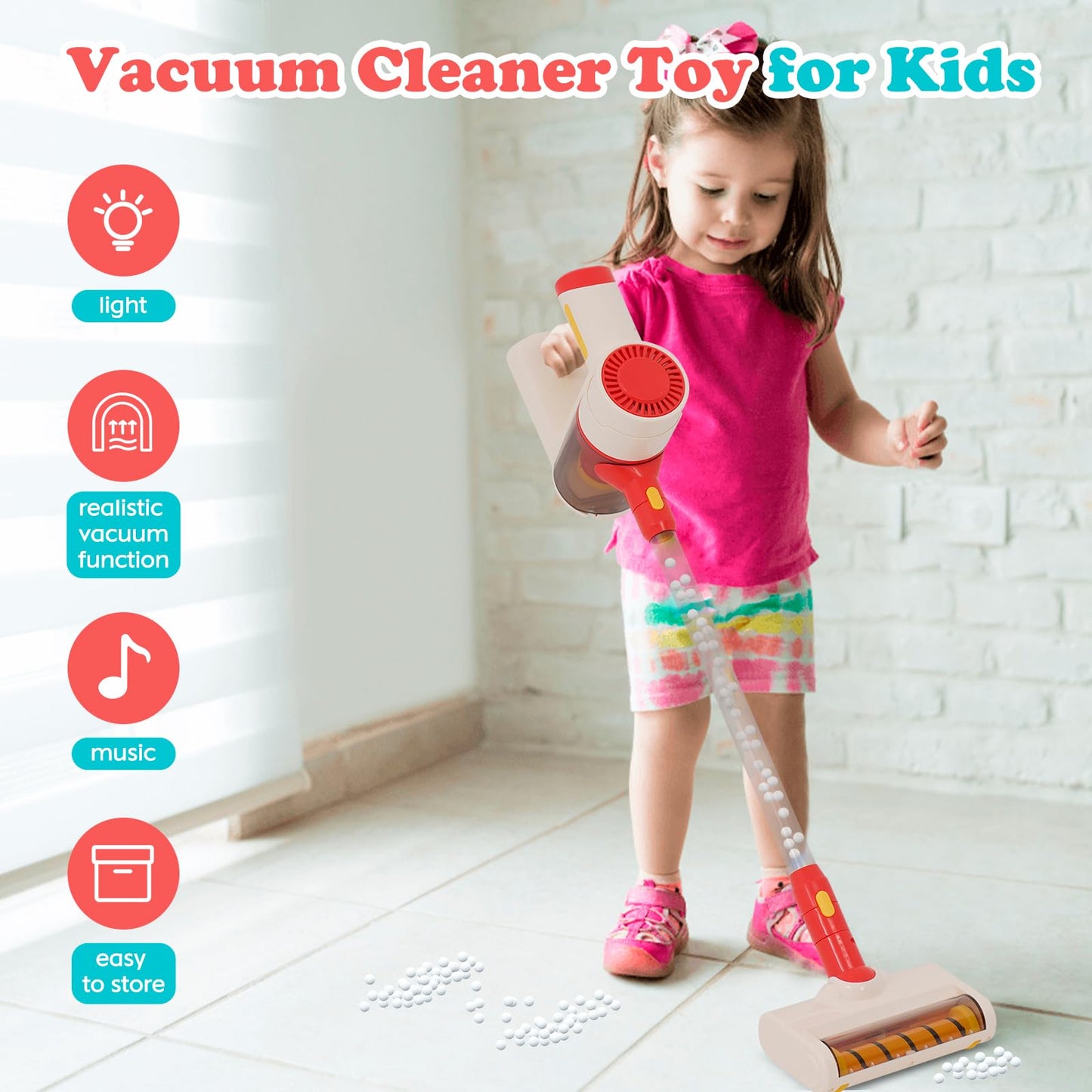 Vacuum Cleaner Toy For Toddler With Real Suction Function, Realistic Role-Play Cordless Vacuum Toy With Music, Kids Interactive