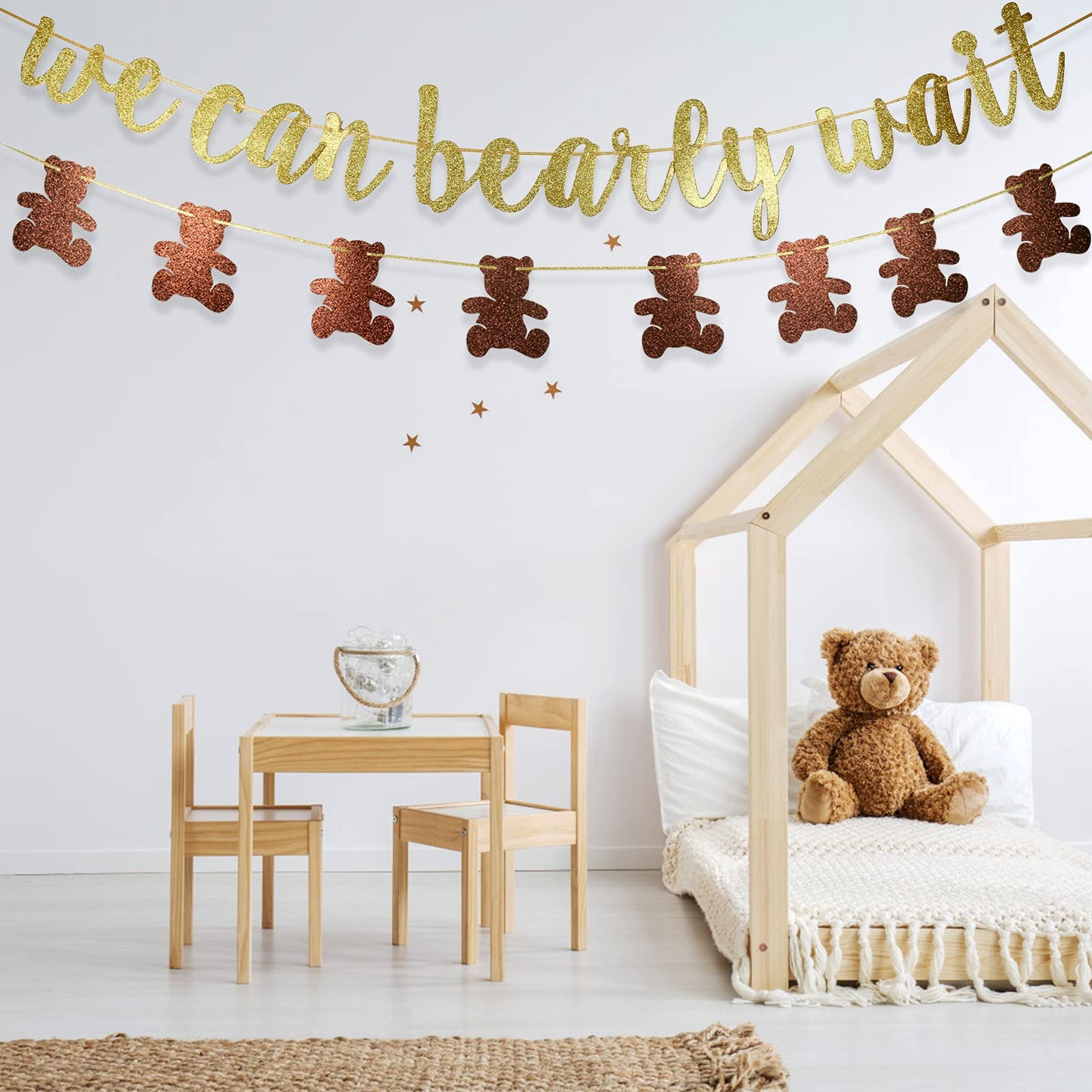 We Can Bearly Wait Glitter Banner, Baby Shower Decorations, Gender Reveal Party Supplies for Teddy Bear Theme Garland (Gold and