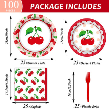 Obusatt 100 Pcs Cherry Fruit Party Supplies Tableware Set Summer Tropical Picnics Dinnerware Set Disposable Paper Plates Napkins