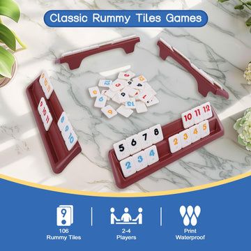 Offelec 106 Rummy Tiles Game with 4 Double Tiles Holders/Trays Travel Size Rummy Cube Set Classic Mini Rummy Game for mature-themed Kids and Family 2-4 Palyers