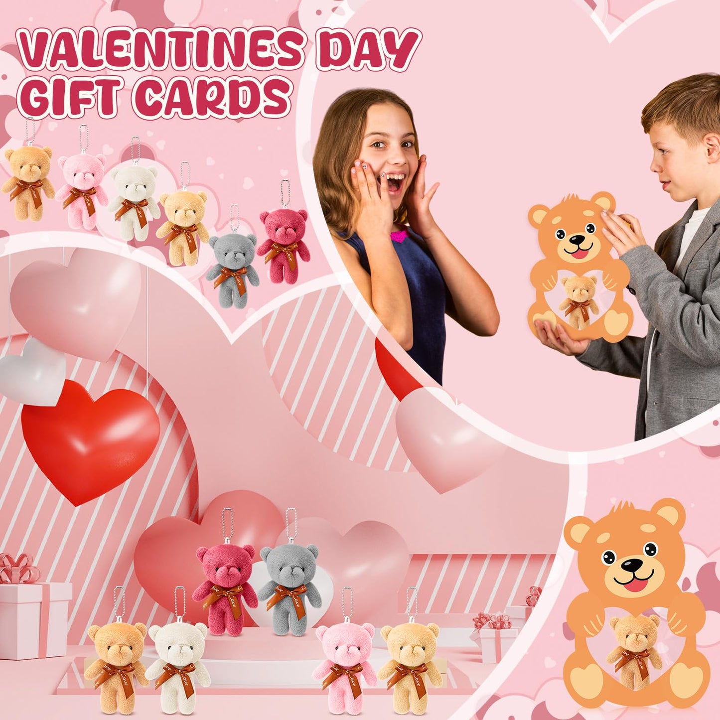 Hollowfly 54 Sets Valentines Day Cards with Bear Plush Toys Happy Valentines Day Cards Bulk Funny Valentine Gifts for Classroo
