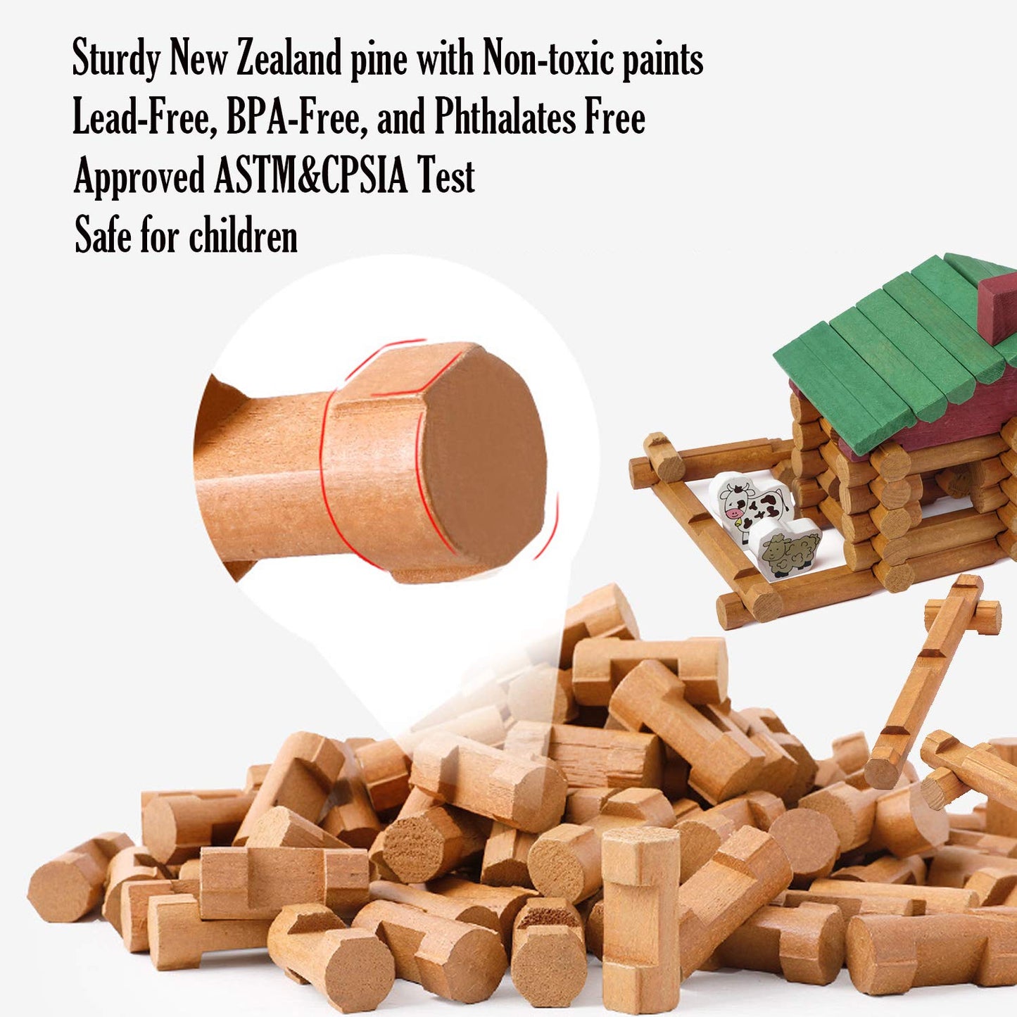 Wondertoys 170 Pieces Wood Logs Set Ages 3+, Classic Building Log Toys For Boy, Creative Construction Engineering Educational Gifts