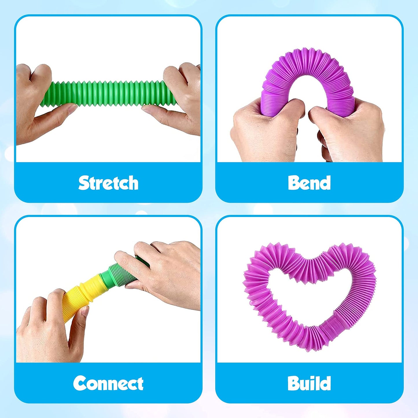 Playkidiz Pop Tubes, 8 Pack Mini 5' Sensory Fidget Tubes, Stretch Up To 18' Long, Stress Reliever Pipe Toy, Popular Plastic Fidget Tubes For Boys And Girls, Ages 3+