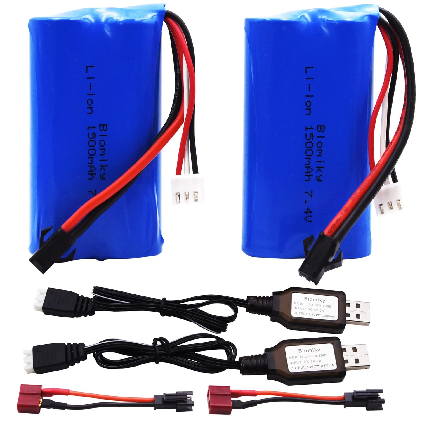 Blomiky 2 Pack 7.4V 1500mAh Li-ion Rechargeable Battery SM-2P Plug with Deans T Adapter and Charger Cable for H101 H103 H105 RC