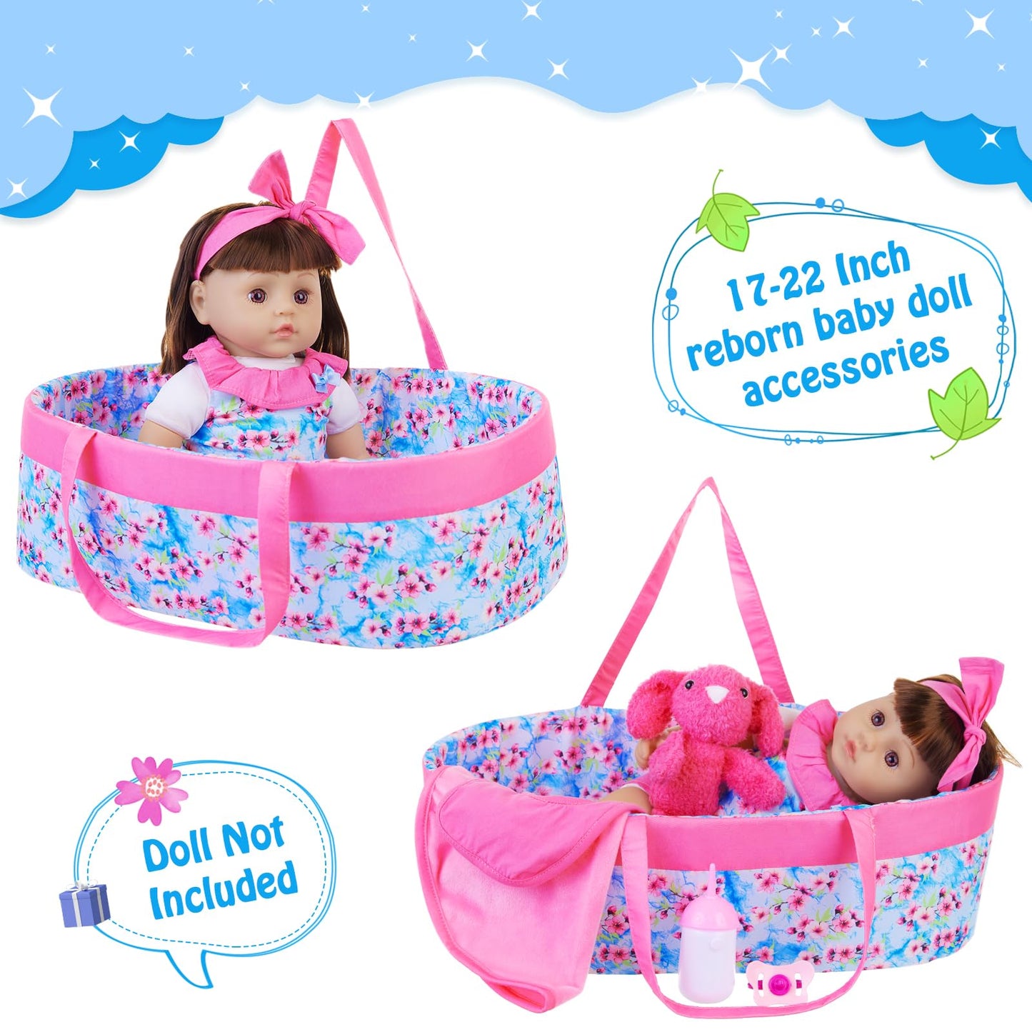 Ecore Fun 10 Pcs Baby Doll Clothes With Bassinet For 17-22 Inch Baby Dolls, Baby Doll Clothing Outfis Accessories Fit 17'-22' Baby Doll Reborn Doll