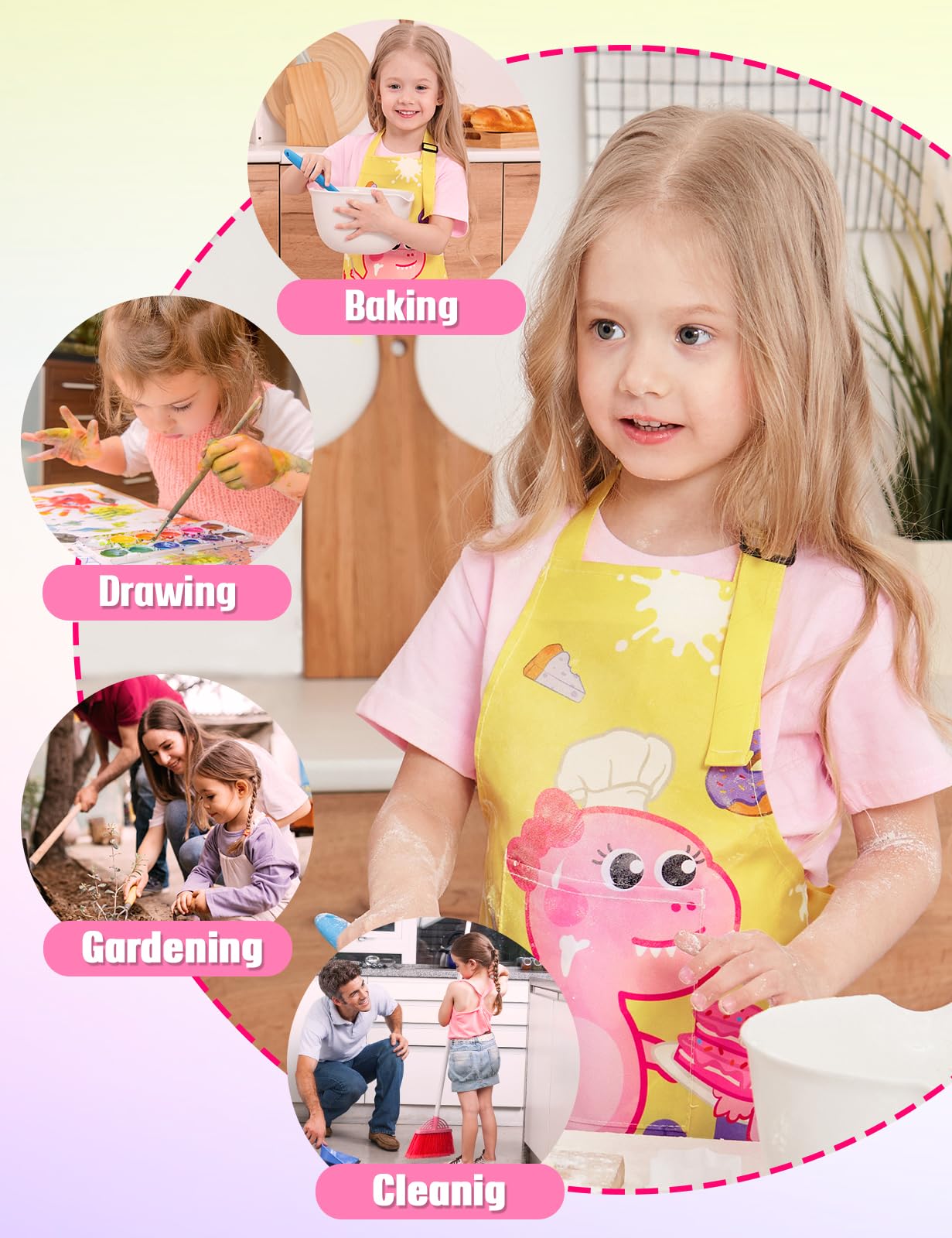 Wernnsai Cute Dinosaur Toddler Aprons - Kids Aprons For Girls Toddler Paint Art Smock Waterproof Cooking Baking Painting Gardening Artist Chef Apron For Kids Age 6-10 Years
