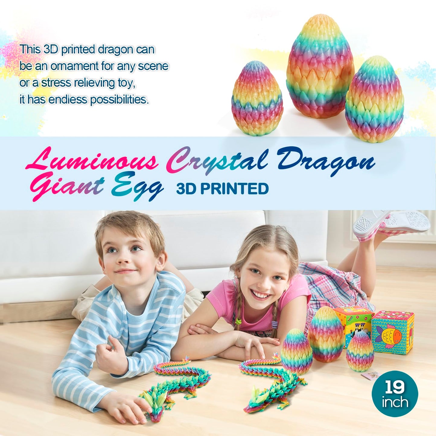 3D Printed Dragon Egg With Dragoln Inside,Surprise Dragon Egg Toy,19'' Full Articulated Crystal 3D Dragonls(Giant Luminous Rainb