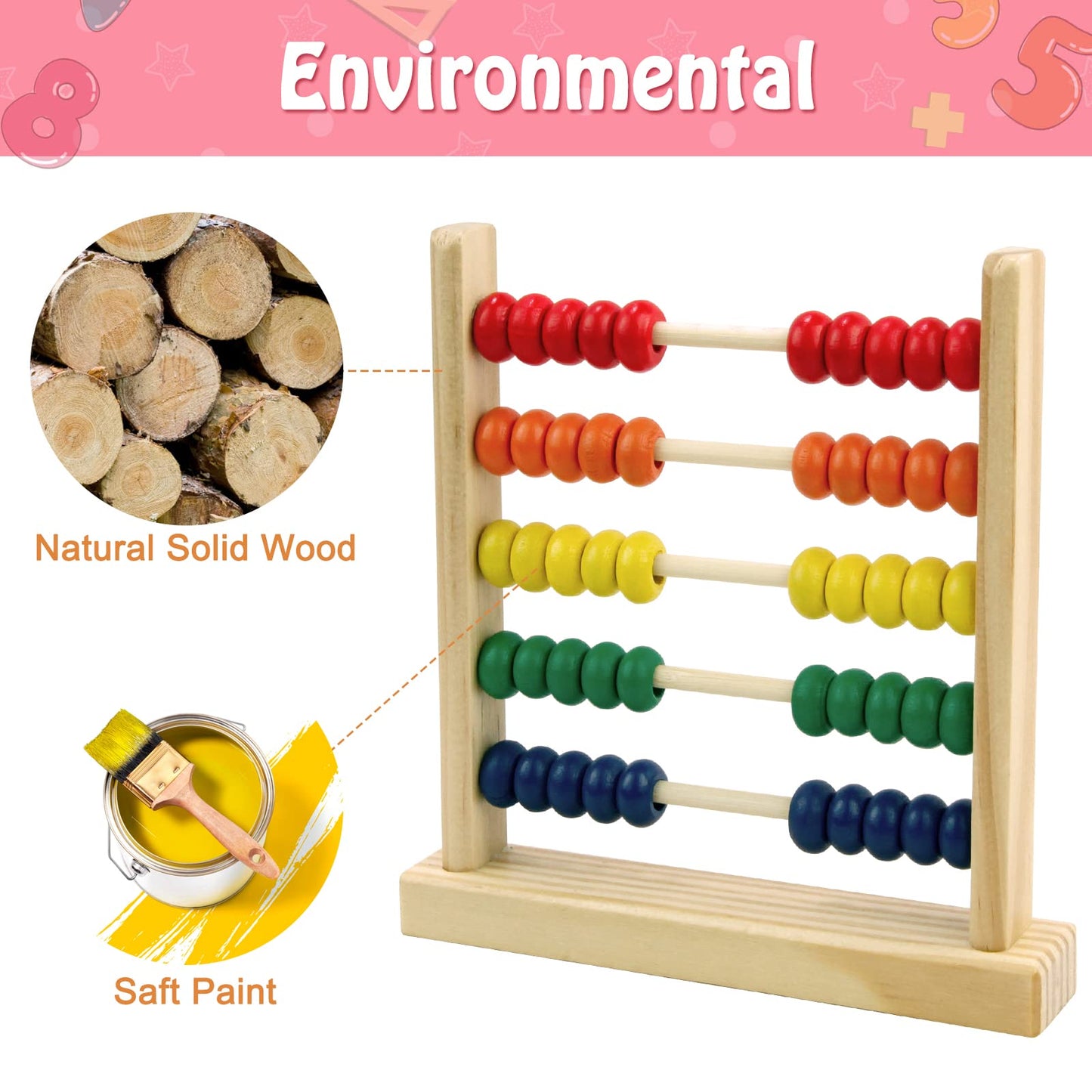 Sealive Wooden Abacus For Kids Math - 50 Beads Counting Toy, Multi-Color Counters For Kids 3-5, Counting Toys For Preschool Learning & Development, Develops Coordination, Motor Skills