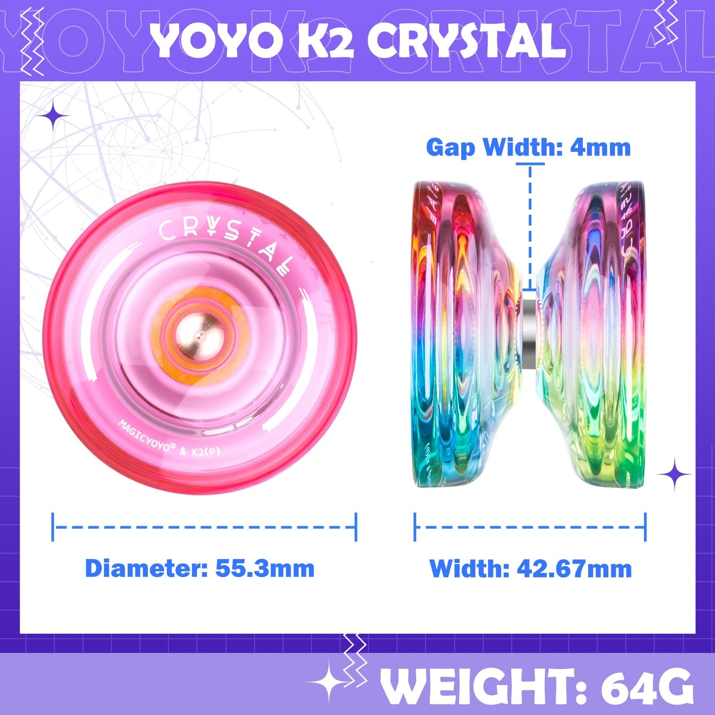 Magicyoyo Responsive Yoyo K2 Crystal Yoyo For Kids, Professional Yoyo 2 Pack, Dual Purpose Plastic Yo Yo With Unresponsive Bearings+12 Yo-Yo Strings+2 Holes Yoyo Case Bag(Crystal Gradient + Pink)