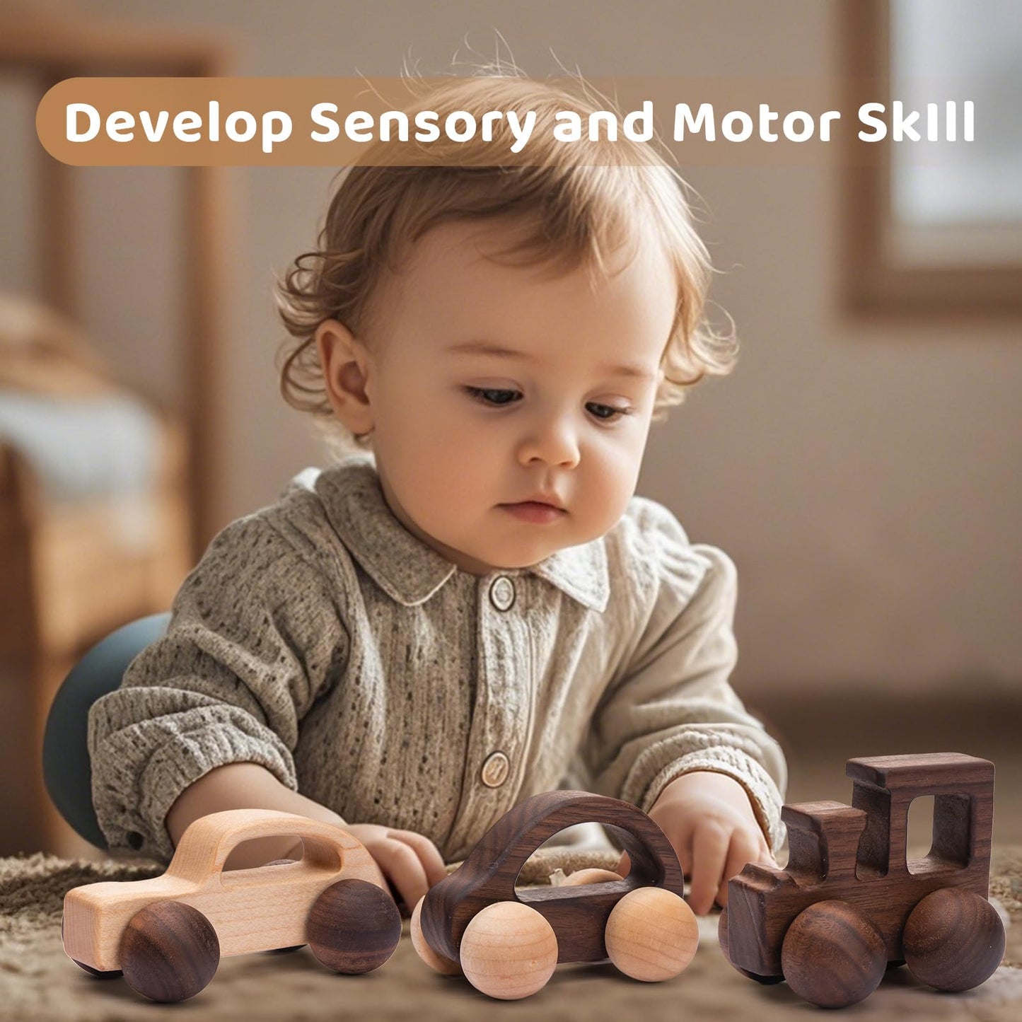 3Pcs Wooden Baby Toys,Baby Grasping Toys Push Car Toys Montessori Toys Wooden Toy Vehicles,#1