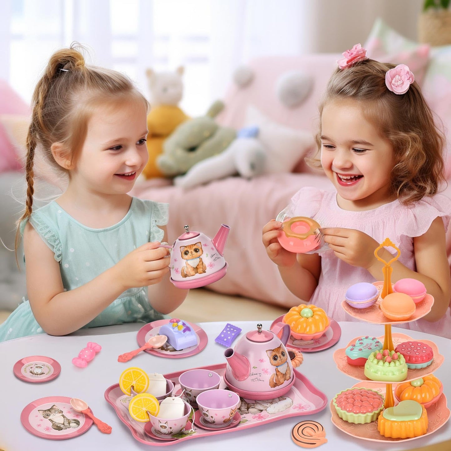 Lajeje Cat Tea Party Set for Girls - Pretend Play Toy with Kitten Tin Tea Set, Desserts & Carrying Case, Ideal Birthday Gift for Ages 3-6