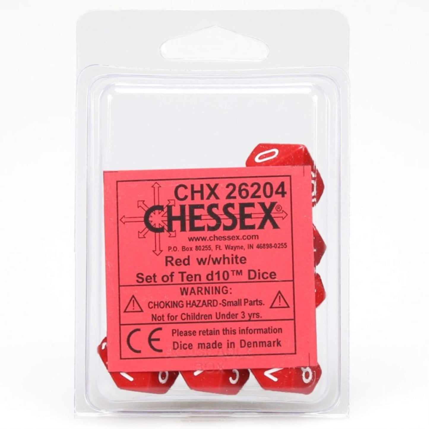 Chessex Manufacturing 26204 Opaque Red With White - Ten Sided Die D10 Set Of 10