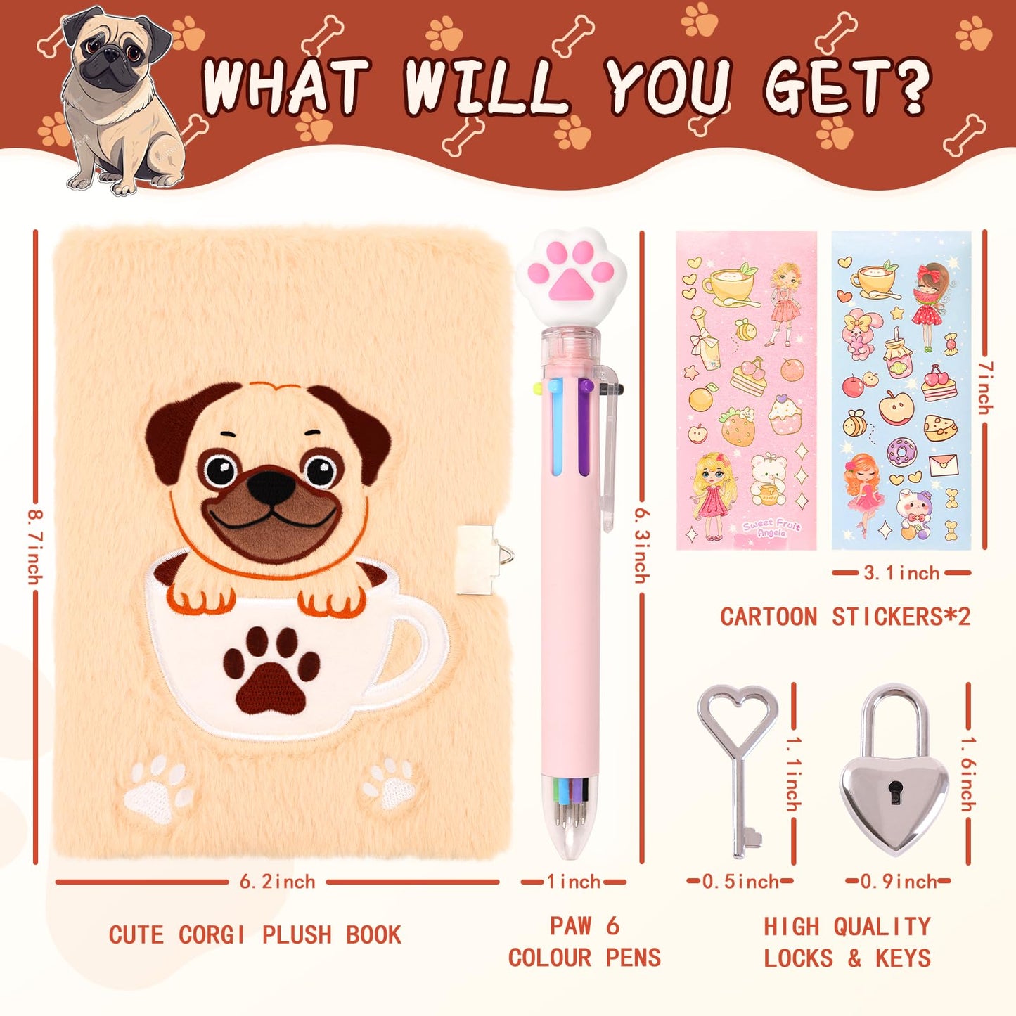 French bulldog Diary with Lock,Fluffy Dog Diary for 6 7 8 Year Old Girl,Kids Journal Notebook Gift Set with Multicolored Pen,Plu