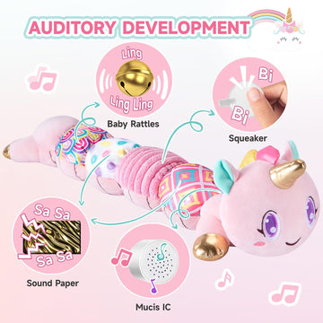 Unicorn Baby Toys 6-12 Months, Musical Infant Toys With Sensory Crinkle And Rattle For Tummy Time Newborn, Baby Girl Toys For 0-
