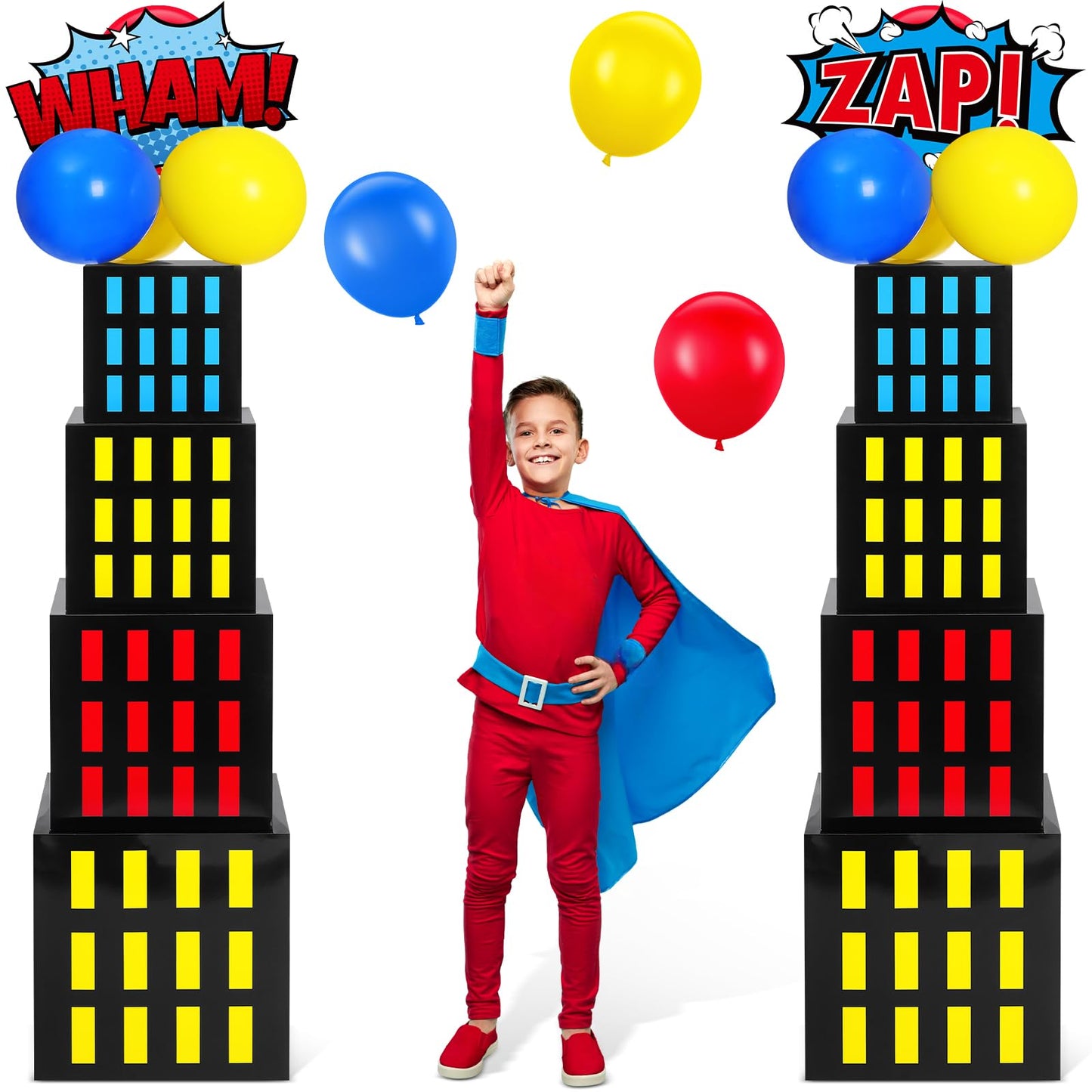 Leitee 40 Pcs Hero Theme Party Decoration, Hero Theme Party Favor Boxes with Balloons and Cutouts, Skyscraper Centerpiece Boxes