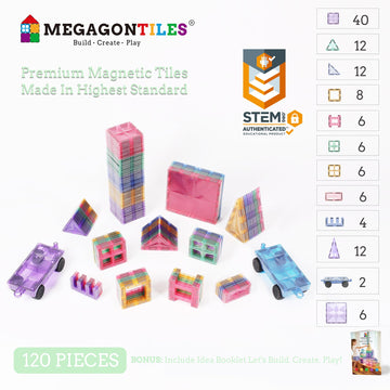 MEGAGONTILES 120PCS Premium Magnetic Tiles|Magnet Tiles|STEM AUTHENTICATED|Magnetic Blocks|Magnet Tiles|Magnetic Building Blocks
