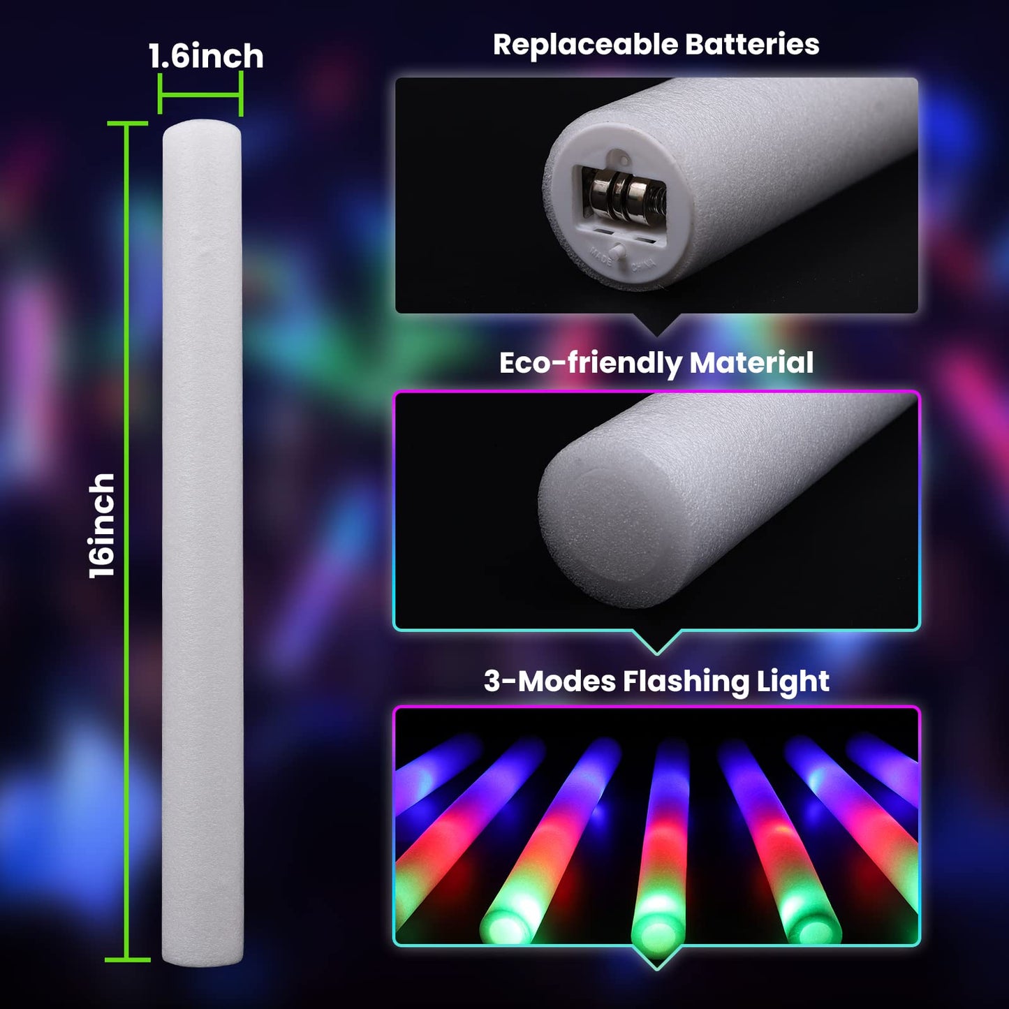 Jiahz Glow Sticks Bulk, 210 Pcs Foam Glow Sticks, Led Foam Sticks In The Dark Party Supplies With 3 Modes Colorful Flashing, Glo