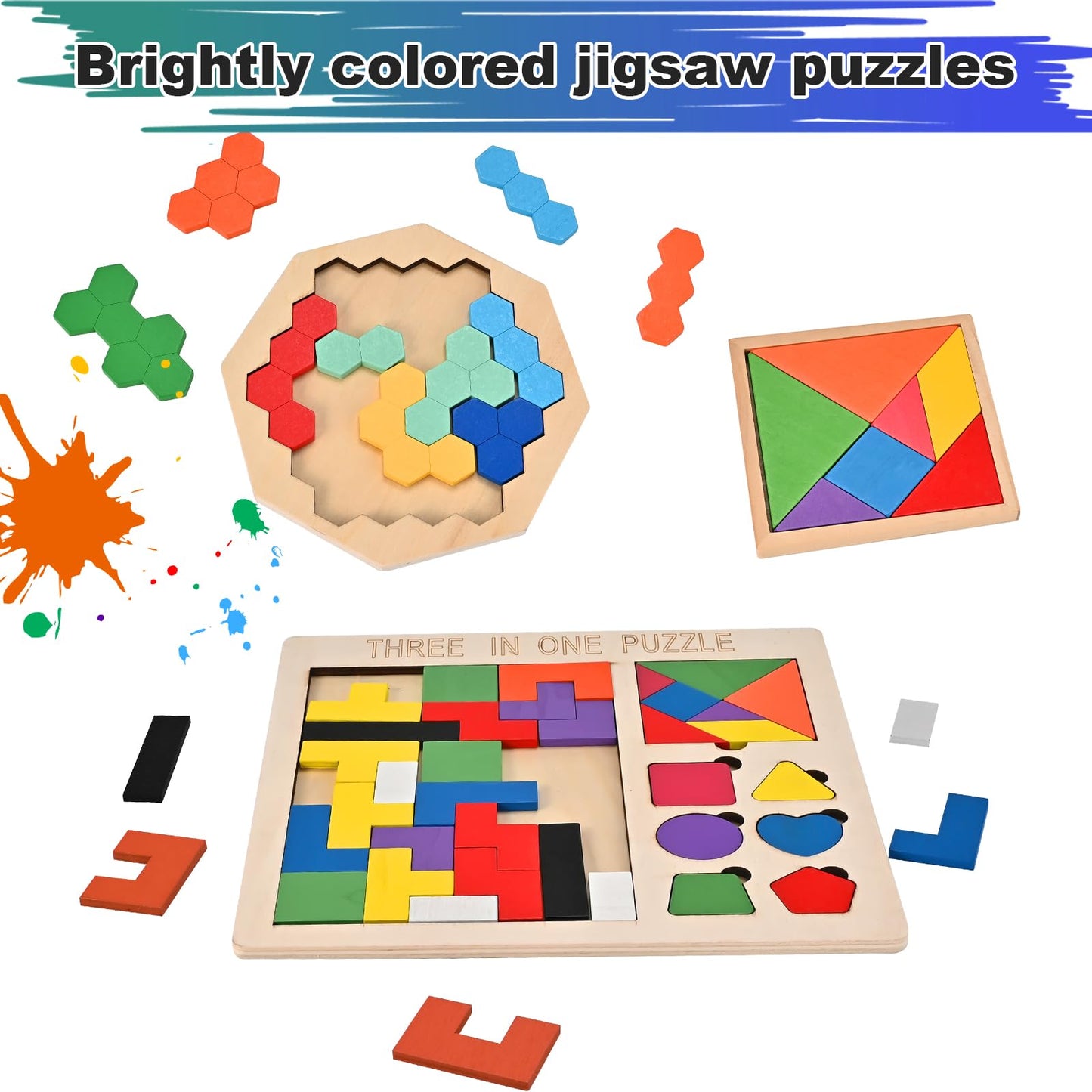 Wooderma 3 Pack Wooden Blocks Puzzles, 3-In-1 Russian Blocks, Octagon Puzzle, Tangrams Puzzles, Brain Teasers Toy Logic Game, Mo