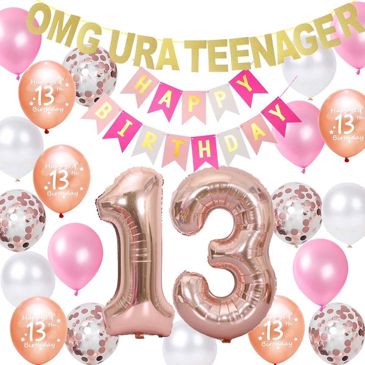 Rose Gold Omg Ur A Teenager Happy 13Th Birthday Banner Garland 13 Birthday Foil Balloons Teenager Confetti Balloons For Teen Gir