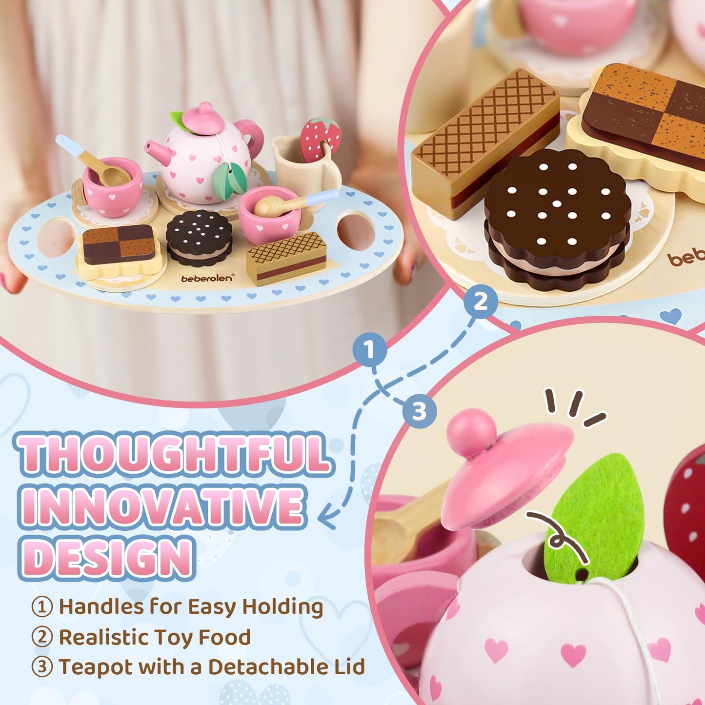 Wooden Tea Set for Little Girls Birthday Gift 2-4 Year Old Princess Toys Play Food Sets for Kids Kitchen Accessories Toddlers 3-