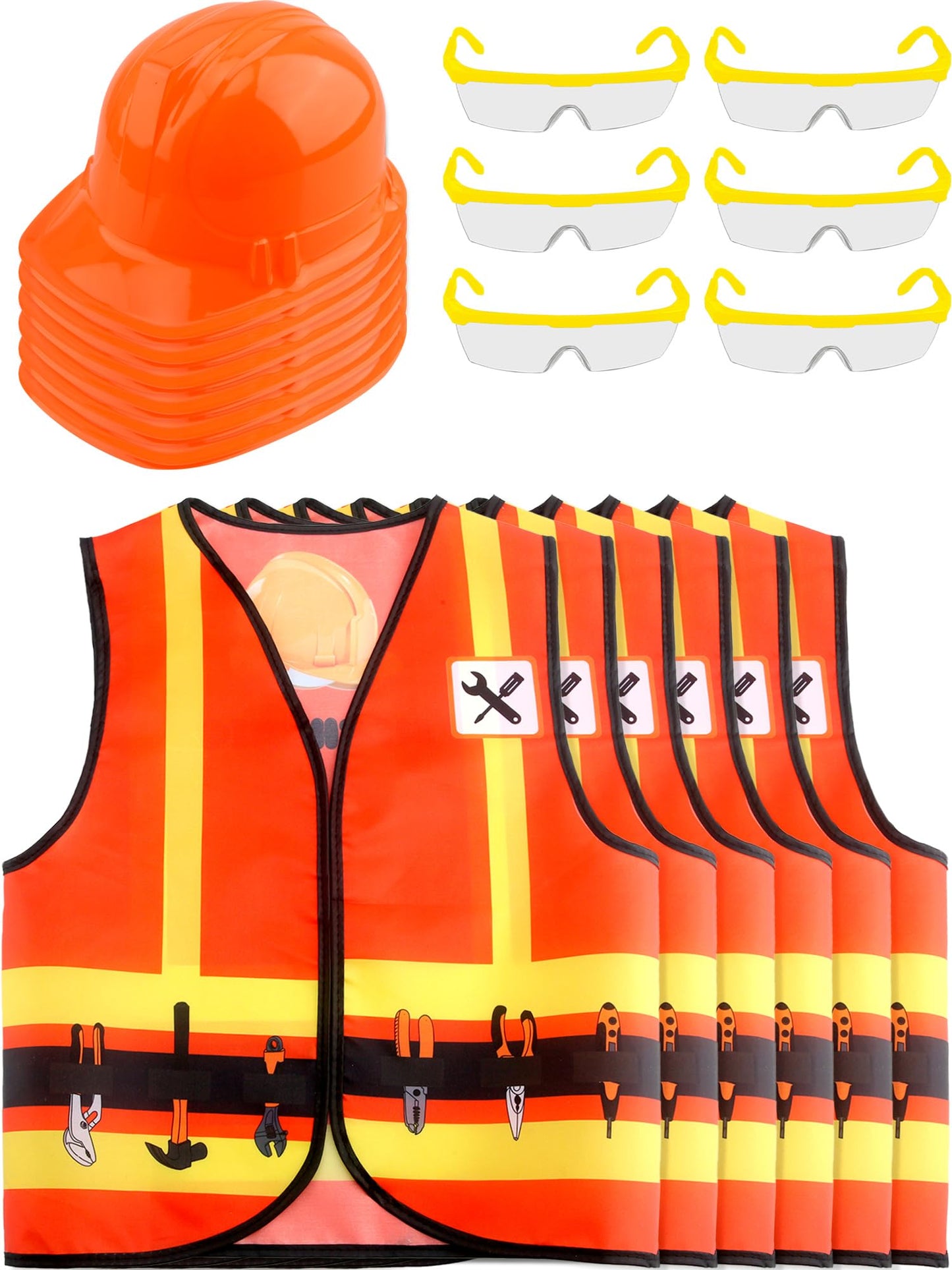 Puteraya 18 Pcs Kids Construction Worker Costume Include 6 Pcs Construction Vests 6 Pcs Construction Hats 6 Pcs Goggles for Care