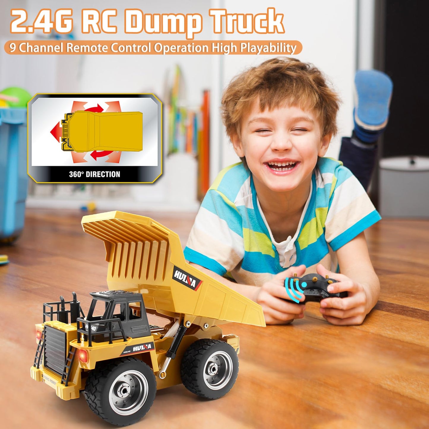 fisca Remote Control Dump Truck 2.4Ghz RC Truck 9 Channel 4WD Mine Construction Vehicle Toy with LED Light and Metal Cab for Kid